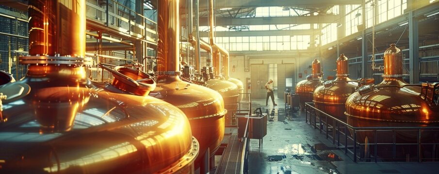 Industrial brewery with large copper brewing vats in modern factory setting