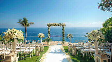 The ocean view grouping ceremony on the outdoor area. wedding. Generative AI.