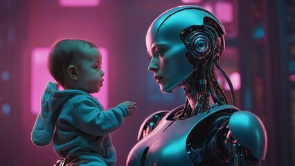A Futuristic Robot Gently Cradling an Infant in a Modern Urban Setting