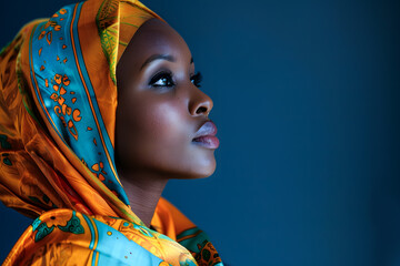 Jeune femme noir portant un foulard coloré sur la tête
