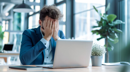 Stressed office worker in a suit covers his face with his hands while sitting at his desk, struggling with a laptop in a modern office setting.