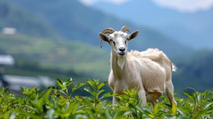 Obraz premium A serene goat stands in a lush green meadow, its gaze calm and contemplative against a backdrop of distant mountains.