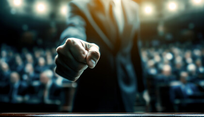 An authoritative figure points decisively in a dramatic setting, conveying leadership and engagement with an attentive audience.
