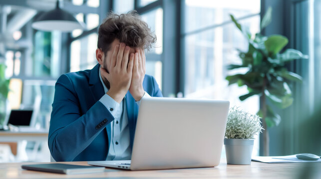 Stressed office worker in a suit covers his face with his hands while sitting at his desk, struggling with a laptop in a modern office setting.