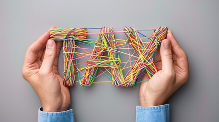 Tax Tangled Web: Hands hold the word "TAX" formed by a vibrant, intricate web of rubber bands, symbolizing the complexities and burdens of taxation. 