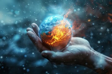 Earth on Fire in a Hand. Climate change and global warming theme background. AI generated image
