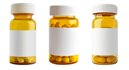 yellow and white pill bottle with a blank label, copyscape isolated on transparent or white background