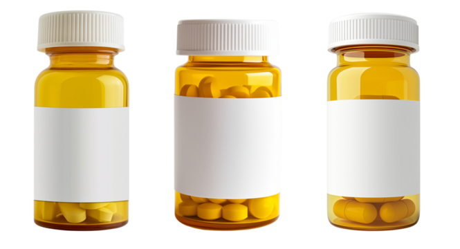 yellow and white pill bottle with a blank label, copyscape isolated on transparent or white background