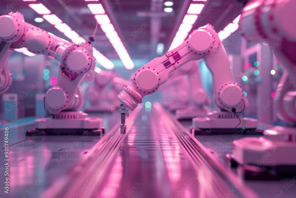Poster high-resolution image of robotic arms working in an automated assembly line under pink lighting