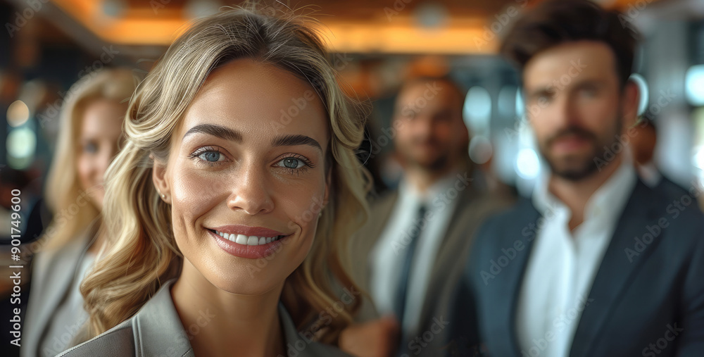 Poster a group of business professionals, all smiling and elegantly dressed, in a modern office setting. th