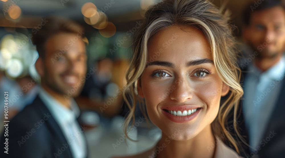 Sticker A group of business professionals, all smiling and elegantly dressed, in a modern office setting. The worker are dressed in sharp business attire, exuding confidence and sophistication. Generative AI.