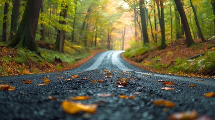 Scenic Winding Road Through Autumn Forest With Colorful Foliage and Fallen Leaves. Generative AI