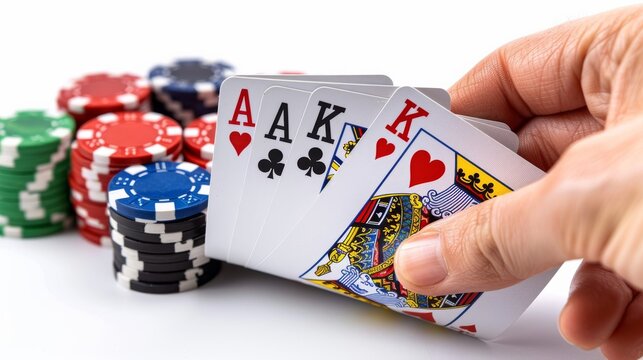 Gambler is holding a full house hand of kings and aces during a poker game with chips visible in the background