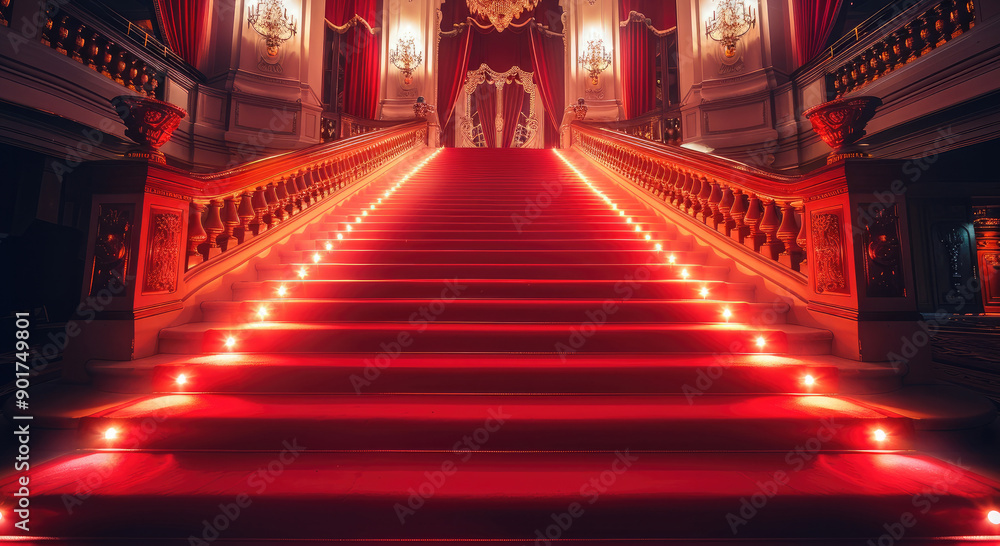 Poster a red carpet event to a opera stairs lights night. generative ai.