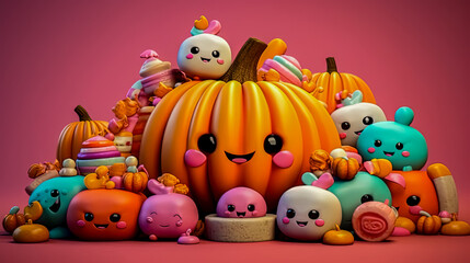 A group of cartoon characters are gathered around a large orange pumpkin
