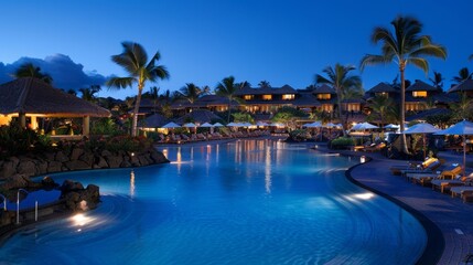 Nighttime paradise resort poolside under palm trees glow