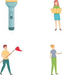 Orienteering icons set cartoon vector. People with sport orienteering equipment. Hobby, active lifestyle