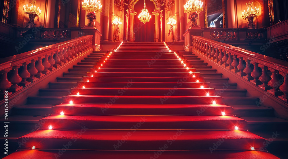 Poster a red carpet event to a opera stairs lights night. generative ai.