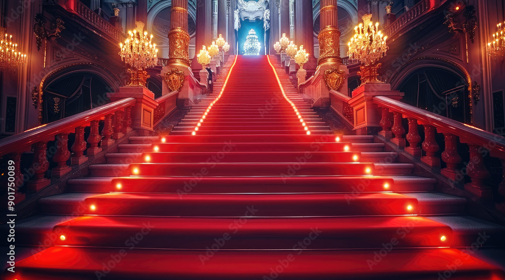 Poster a red carpet event to a opera stairs lights night. generative ai.