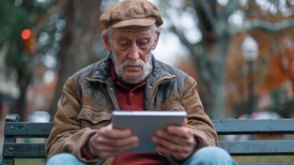 Fototapeta premium Digital Detachment: Lonely Senior Absorbed in Tablet on Park Bench - A Realistic Composite Symbolizing Addiction to Technology