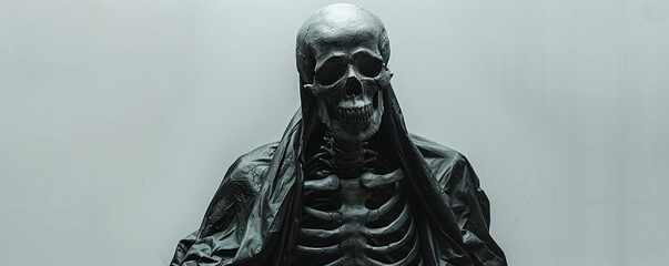 Haunting figure with a skeletal spine and skull, draped in a shadowy cloak, chilling and mysterious, skull spine cloak