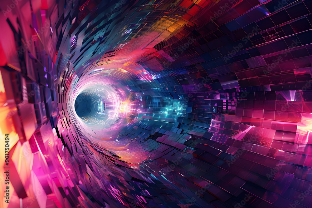 Poster A mesmerizing abstract image featuring a geometric tunnel with vivid colors and dynamic lighting, creating a captivating visual experience.