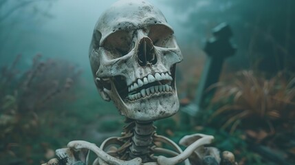 Haunting skeleton in a foggy graveyard, fear etched in every bone, eerie and chilling atmosphere, skeleton fear haunting