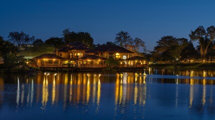 Beautiful lakeside home glowing with warm evening lights.
