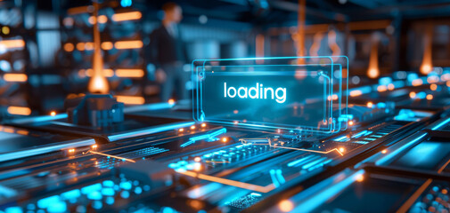 Futuristic interface with holographic 'loading' text. High-tech network data processing and modern digital technology concept.