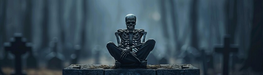 Haunting skeleton in a misty graveyard, fear etched in every bone, eerie and spine-chilling atmosphere, skeleton haunting fear
