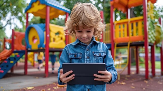 Kid unable to put down tablet, representing digital addiction (selective focus, theme: dependency, whimsical, Manipulation, school playground backdrop)
