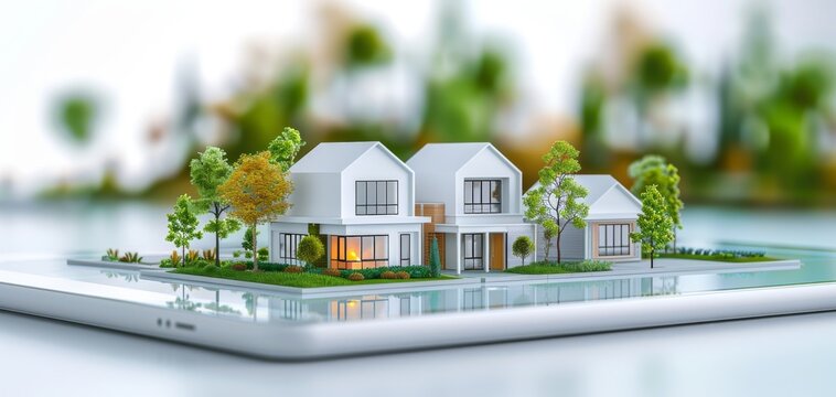 Real estate concept with modern house models on tablet screen, symbolizing digital property and home technology. High-tech property management.
