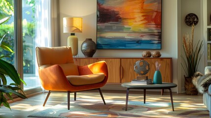 mfortable Mid-century modern living room with a colorful