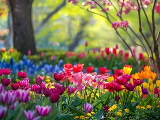 Obraz premium Vibrant Spring Garden with Blooming Flowers and Lush Foliage