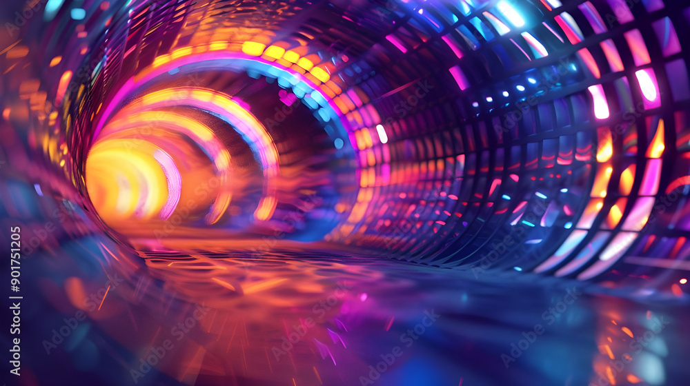 Poster a colorful abstract tunnel featuring dynamic lighting in shades of blue, orange, and purple, creatin