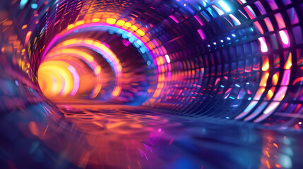 Obraz premium A colorful abstract tunnel featuring dynamic lighting in shades of blue, orange, and purple, creating a vivid and futuristic atmosphere.