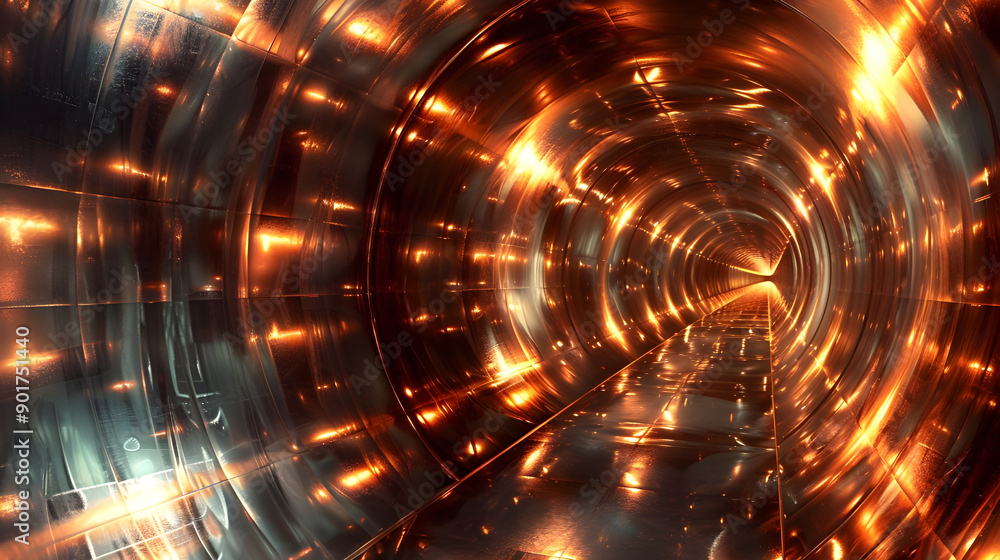 Poster a sleek, metallic tunnel illuminated by warm golden lights, creating a futuristic and captivating vi