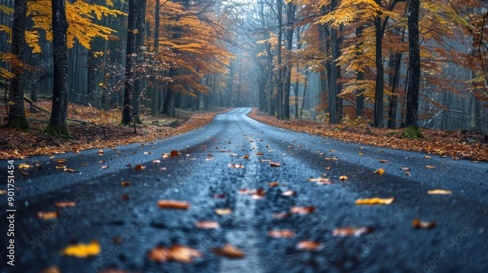 Poster autumn road surrounded by colorful trees in a misty forest setting. generative ai