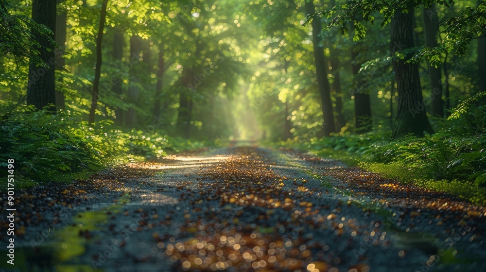 Aufkleber sunlight filters through lush green forest on a tranquil pathway in autumn. generative ai