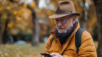 Senior Woman Engrossed in Texting, Illustrating Digital Addiction in Park Setting