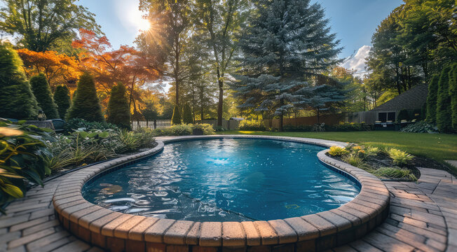 An above ground pool with surrounding landscaping and walkway in the backyard of an upper middle class home. Generative AI.