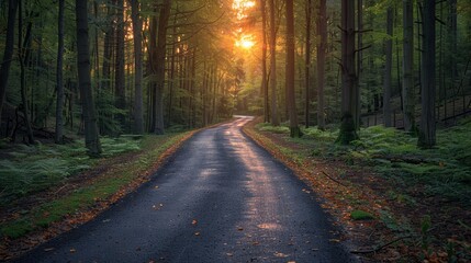 Obraz premium Tranquil Forest Road Winding Through Lush Trees at Sunset in Autumn. Generative AI