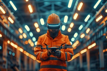 Engineer using VR technology to control drone in a high-tech industrial environment