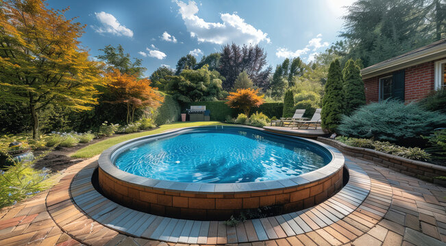 An above ground pool with surrounding landscaping and walkway in the backyard of an upper middle class home. Generative AI.