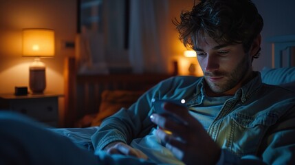 Obraz premium Digital Addiction - Close-up of Man Using Smartphone Late at Night with Glowing Screen Overlay in Bedroom