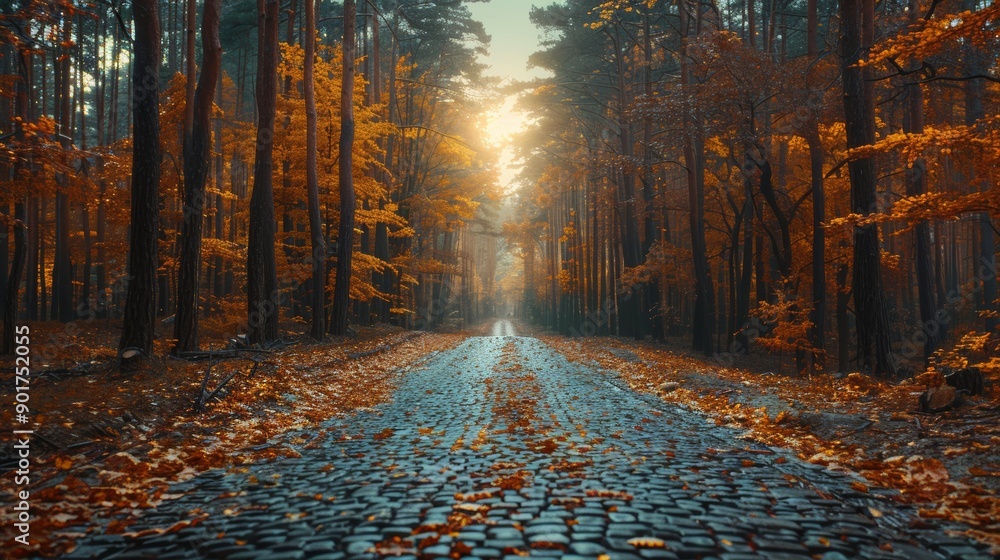 Aufkleber serene cobblestone pathway through enchanting autumn forest at dusk. generative ai