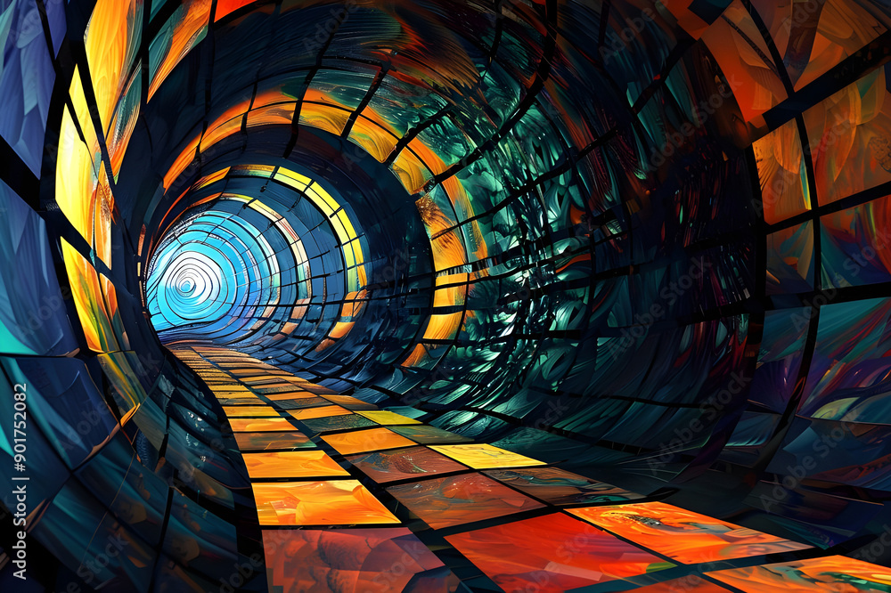 Poster A captivating abstract tunnel composed of colorful mosaic tiles, creating a dynamic and visually engaging journey through light and color.