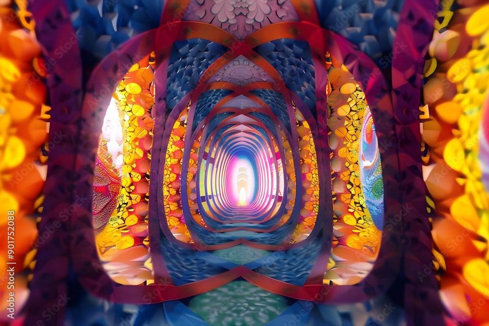 Aufkleber a vibrant, colorful tunnel featuring intricate, abstract patterns and glowing lights, creating a vis