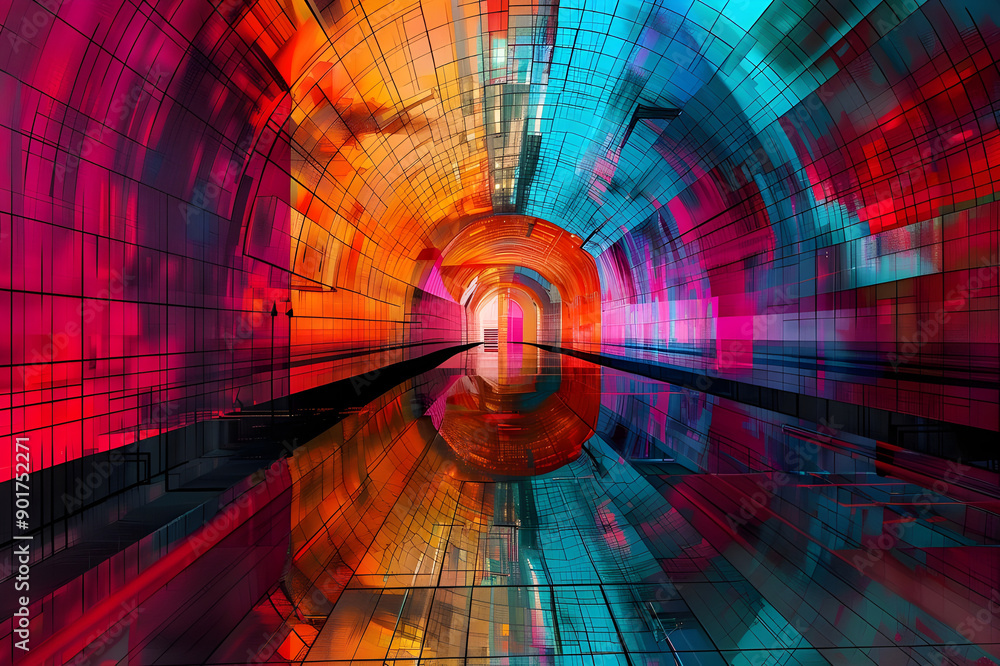 Poster A vibrant abstract tunnel with multicolored reflections on the floor, showcasing a dynamic blend of red, blue, and orange hues.