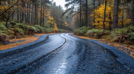 Fototapeta premium Winding Wet Road Through Misty Autumn Forest With Colorful Foliage in Early Morning Light. Generative AI
